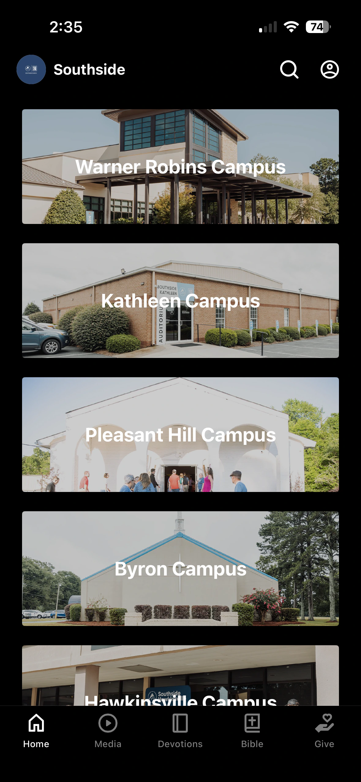 Southside app home screen with campus choices