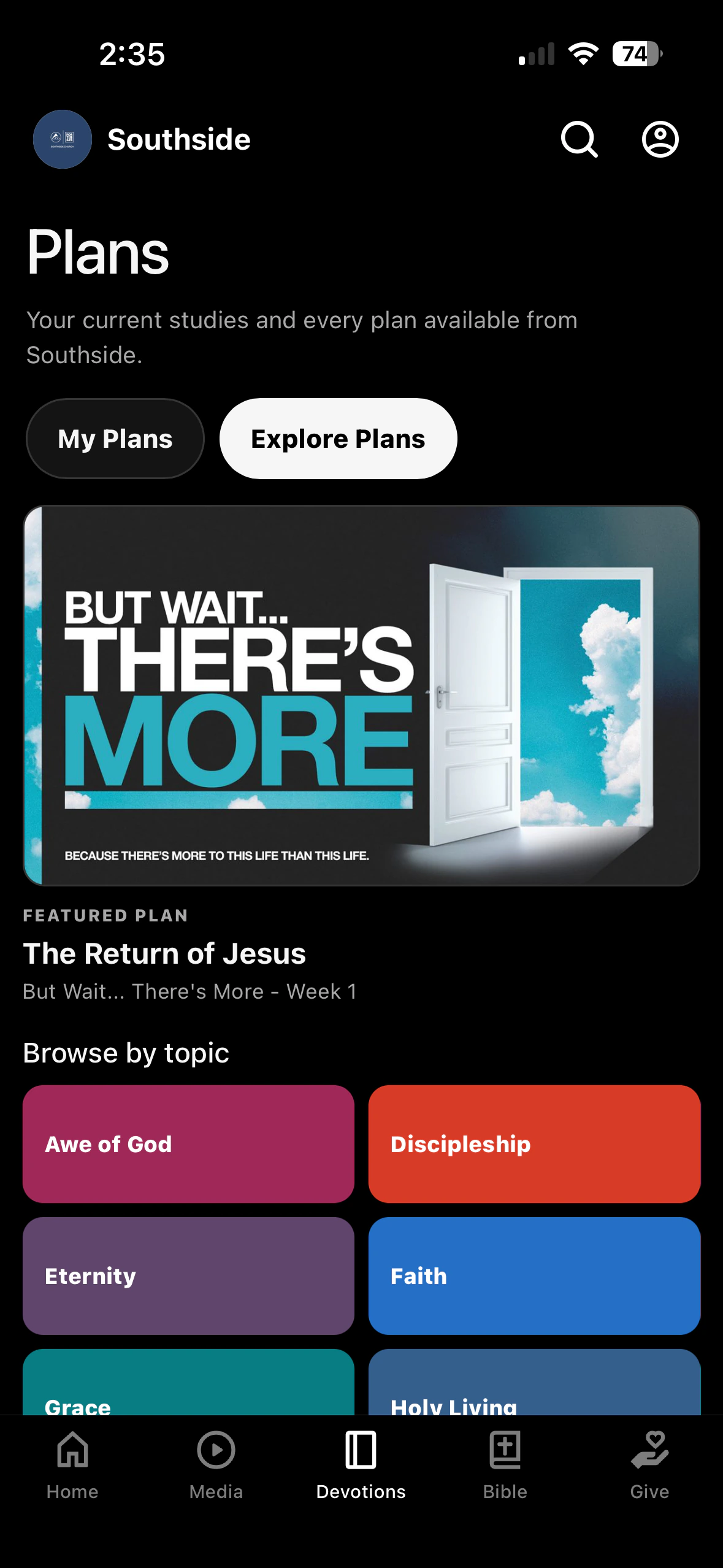 Southside app devotions screen with Bible reading plans